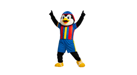 Cheerful Mascot in Soccer Uniform with Upraised Arms on Black Background