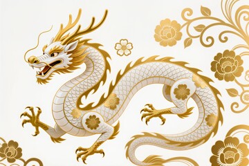 Obraz premium A surreal, simple 3d artwork of a Decorative Chinese Dragon illustration with golden outlines, luxury floral design, white base