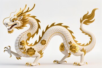 Obraz premium A surreal, simple 3d artwork of a Decorative Chinese Dragon illustration with golden outlines, luxury floral design, white base