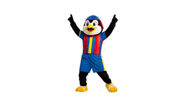 Cheerful Mascot in Soccer Uniform with Upraised Arms on Black Background