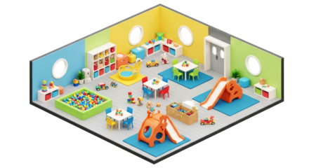 joyful kids playroom a 3d model of a colorful early learning center, isolated on transparent background
