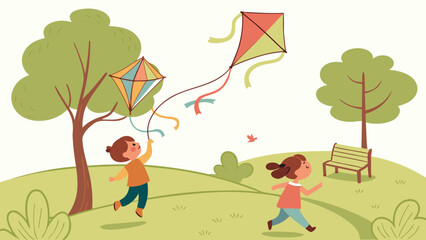 Children Flying Kites in Park Vector Illustration