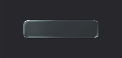 Glass rectangle transparent button on dark background. 3d vector realistic ui icon.