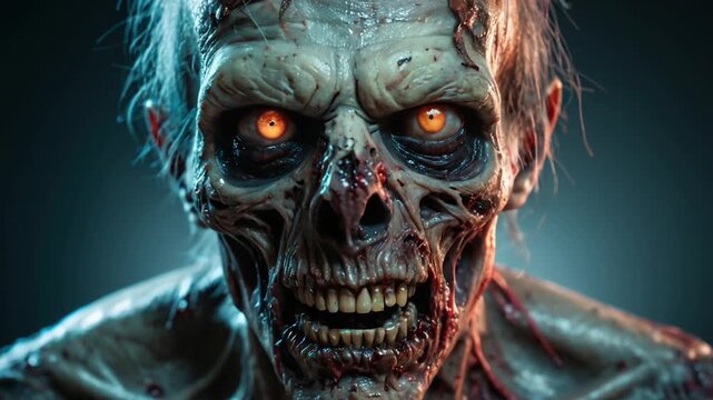 A close-up shot of a zombie with glowing eyes, great for horror or sci-fi scenes