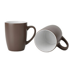 Two ceramic coffee mugs one upright brown and purple one lying down silver reflective surface isolated on transparent background