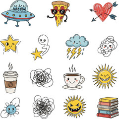 Create a kinds of deferent doodle collection vector art with white background.