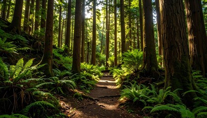 Obraz premium Forest trail view with bright sunlight piercing dense tree canopy