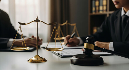 Justice Legal Representation Lawyer Meeting Clients with Scales of Justice Gavel Lawsuit Document Contract Agreement Law