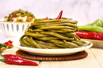 Pickled Green Beans with Chili Peppers - Traditional Fermented Vegetable Preservation Food