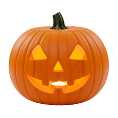 Spooky jack o lantern halloween pumpkin carved face glowing orange light festive autumn holiday decoration isolated on transparent background