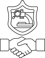 A black and white image of two hands shaking with a microscope