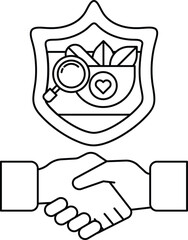 A black and white image of two hands shaking with a shield behind them