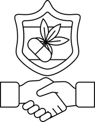 A black and white image of two hands shaking with a shield behind them