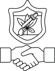 A black and white drawing of two hands shaking hands with a shield behind them