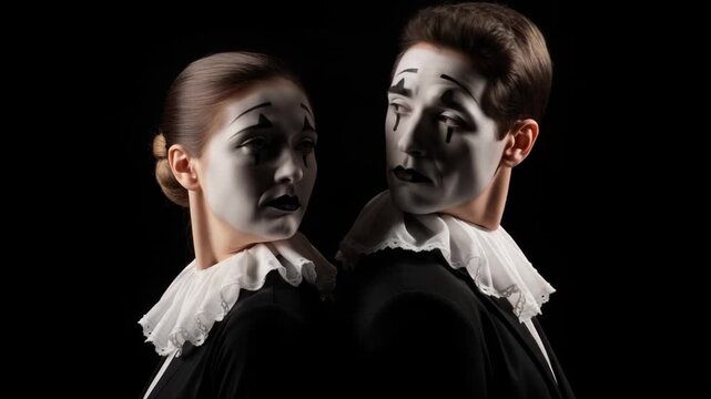 Expressive mime duo conveying complex emotions through subtle gestures and melancholic ambiance