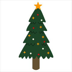 Flat style illustration of a Christmas tree with a star topper, colorful baubles, and glowing star decorations, perfect for festive designs, holiday cards, and seasonal artwork