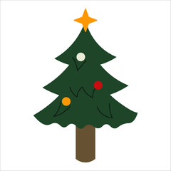 Flat style illustration of a simple Christmas tree with a star topper and three colorful ornaments, ideal for winter holiday cards, seasonal decorations, and festive graphic projects