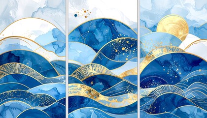 Abstract Blue & Gold Wave Triptych