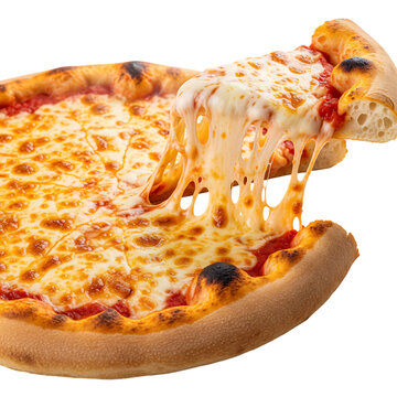 Delicious hot cheesy pizza slice being lifted with strings of melted mozzarella cheese isolated on transparent background