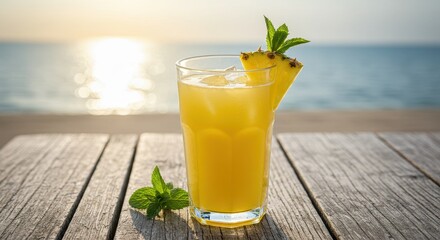 Refreshing Pineapple Drink on Table by the Beach During Sunset with Beautiful Ocean View