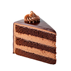 Decadent chocolate layer cake slice with creamy filling and chocolate glaze isolated on transparent background