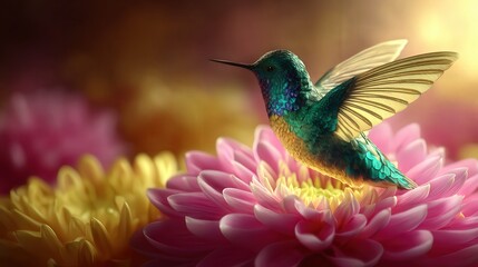 Obraz premium A vibrant hummingbird hovers gracefully over lush flowers, capturing the essence of nature's beauty, This image is ideal for use in floral themes, wildlife conservation, or nature-focused projects,