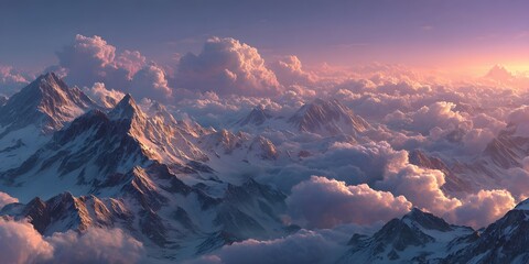 Majestic snow-capped mountains peek through a sea of fluffy white clouds at sunrise, creating a serene and truly awe-inspiring alpine scene.