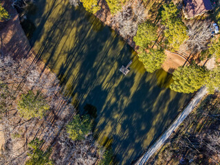 Aerial top down rural forest in winter after Hurricane Helene in Appling Augusta Georgia