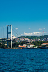 Istanbul, Turkey. View of the Bosporus Strait and Bosphorus Bridge. Beautiful city view The Grand Chamlija mosque in the background