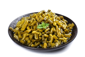 Pickled Green Beans in Ceramic Bowl with Mint Garnish on White Background
