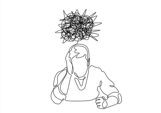Continuous one line drawing man in depression, stressed, headache and despair. Single line art illustration of confusing and stressed person. Hand drawn one line vector. Editable stroke	
