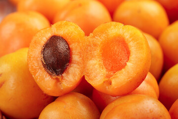 Fresh Organic Apricots Cut in Half Showing Pit and Juicy Orange Flesh Among Whole Ripe Stone Fruits