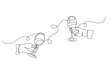 Hand drawn hands hold wine clinking glasses one line art,continuous drawing contour.Cheers toast festive decoration for holidays,romantic Valentine's Day design.Editable stroke. Isolated.Vector