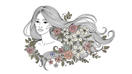 Vector Illustration of Elegant Woman with Long Flowing Hair and Floral Embellishments AI EPS PNG