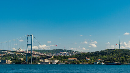 Istanbul, Turkey. View of the Bosporus Strait and Bosphorus Bridge. Beautiful city view The Grand Chamlija mosque in the background