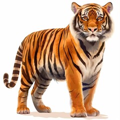 Obraz premium Realistic image of a Bengal tiger with orange and black stripes, standing on a white background, casting a soft shadow.