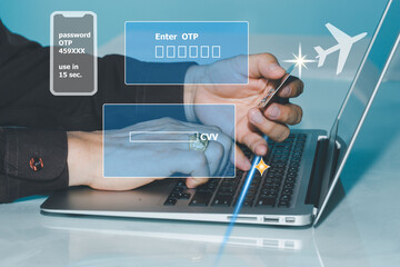 Business people typing confirmation codes to buy plane tickets on business trips abroad.