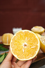 Fresh Fujian Pomelo Half with Red Heart Segments - Asian Citrus Fruit Cross Section