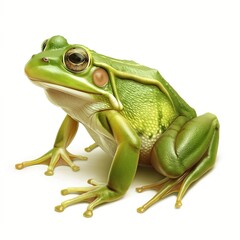 Obraz premium Realistic image of a green frog sitting on a white background. The frog has smooth skin, large eyes, and distinct webbed feet.