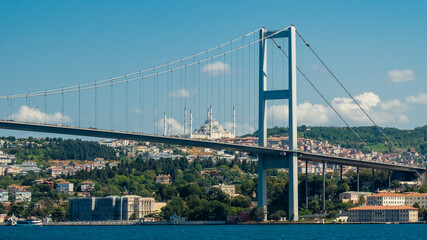 Istanbul, Turkey. View of the Bosporus Strait and Bosphorus Bridge. Beautiful city view The Grand Chamlija mosque in the background