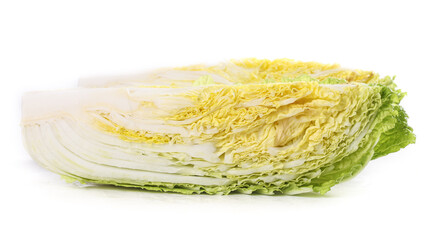 Fresh Napa Cabbage Half Cut Showing Inner Leaves and Texture on White Background