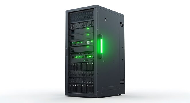 A modern server rack with a sleek design and green LED lights, representing data storage and technological advancement