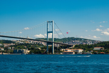 Istanbul, Turkey. View of the Bosporus Strait and Bosphorus Bridge. Beautiful city view The Grand Chamlija mosque in the background