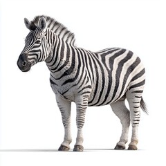 Obraz premium Realistic image of a zebra with black and white stripes, standing on a white background, casting a soft shadow.