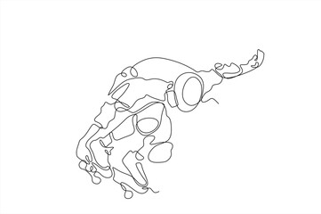 Single one line drawing young cool skateboarder man riding skateboard and doing a jump trick in skate park. Extreme teenager sport. Healthy sport lifestyle concept. Hand drawn one line vector.Editable