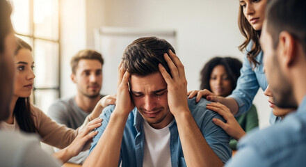 Obraz premium Man overwhelmed with emotion receives comfort and support from empathetic friends in a group setting