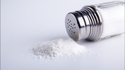 A Close-Up View of a Salt Shaker in Action, Dispensing Fine White Salt onto a Pristine White Background, Accompanied by a Small Mound of Salt Powder Beside It