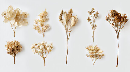 Set Of Dried Botanical Flowers And Plants Isolated On White Background