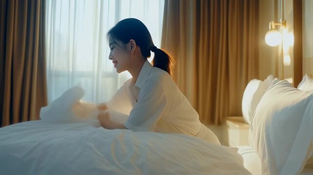Smiling hotel housekeeper making the bed in a luxurious room showcasing hospitality and premium
