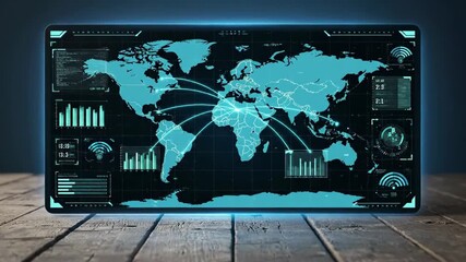 Global Connections Interface: A digital interface displays a dynamic world map overlaid with interconnected lines, representing global networks, data visualizations, and technological advancements. - Powered by Adobe